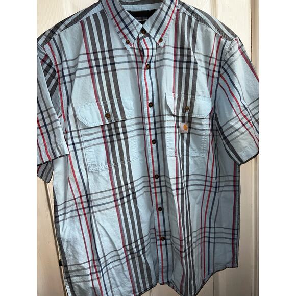 Carhartt Blue red Plaid short sleeve Men's button up shirt Sz large Loose Fit - Picture 1 of 6